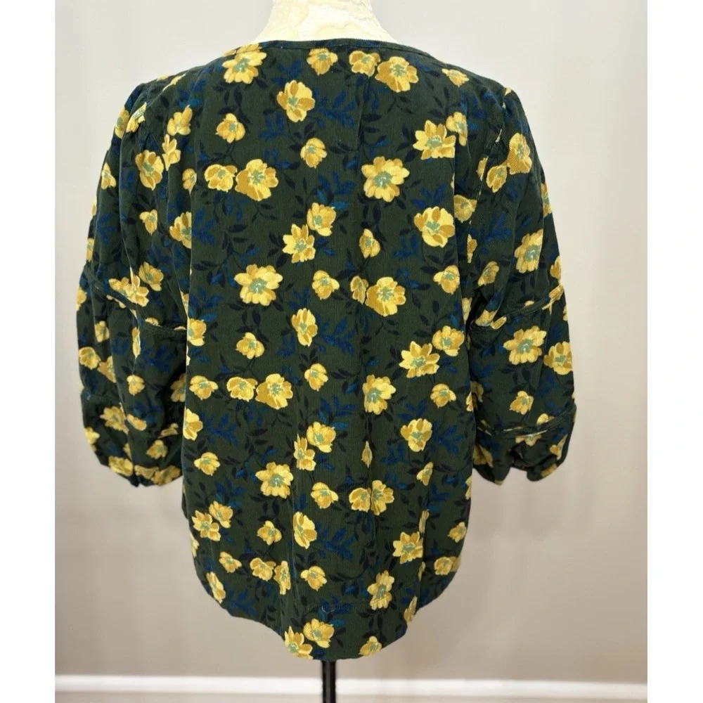 Sonoma Womens PXL Corduroy Tunic Top Floral Yellow Green V Neck Puff Sleeve Boho
